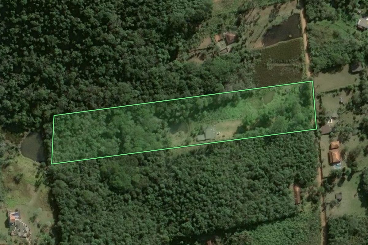 Imagem de satélite do imóvel rural em Salesópolis (SP), com o contorno declarado no CAR desenhado por cima.