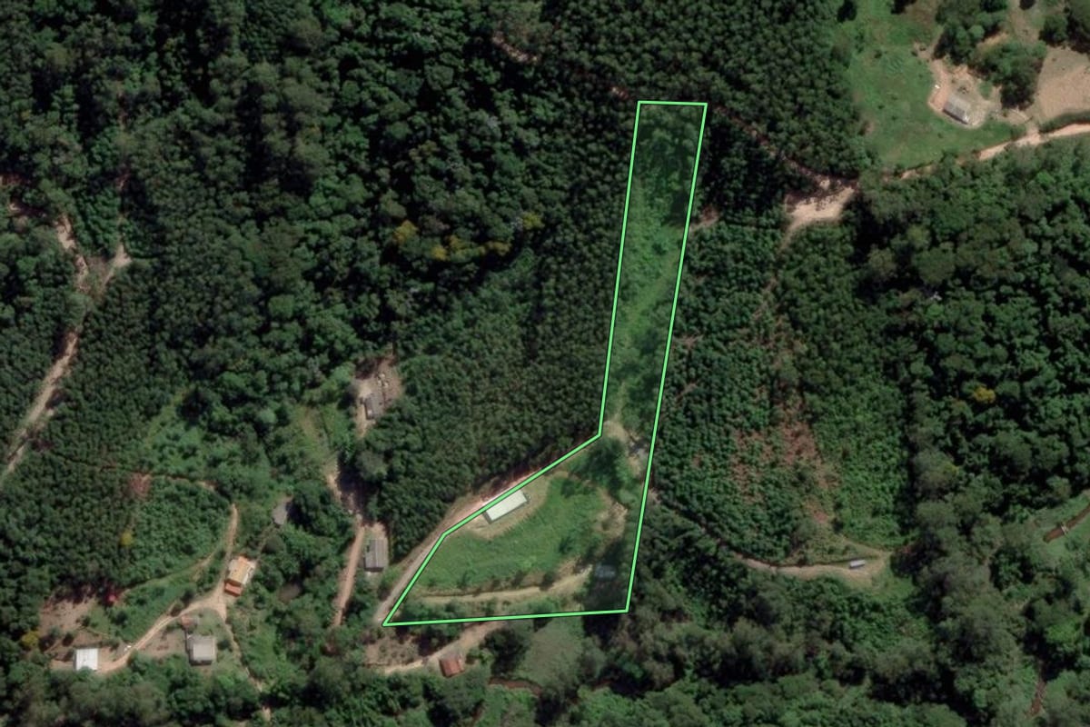 Imagem de satélite do imóvel rural em Salesópolis (SP), com o contorno declarado no CAR desenhado por cima.