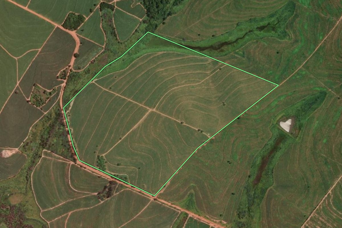 Imagem de satélite do imóvel rural em Salmourão (SP), com o contorno declarado no CAR desenhado por cima.