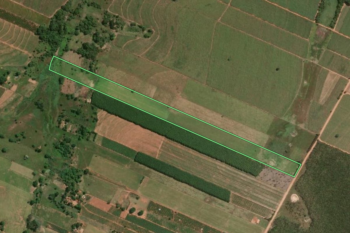 Imagem de satélite do imóvel rural em Salmourão (SP), com o contorno declarado no CAR desenhado por cima.
