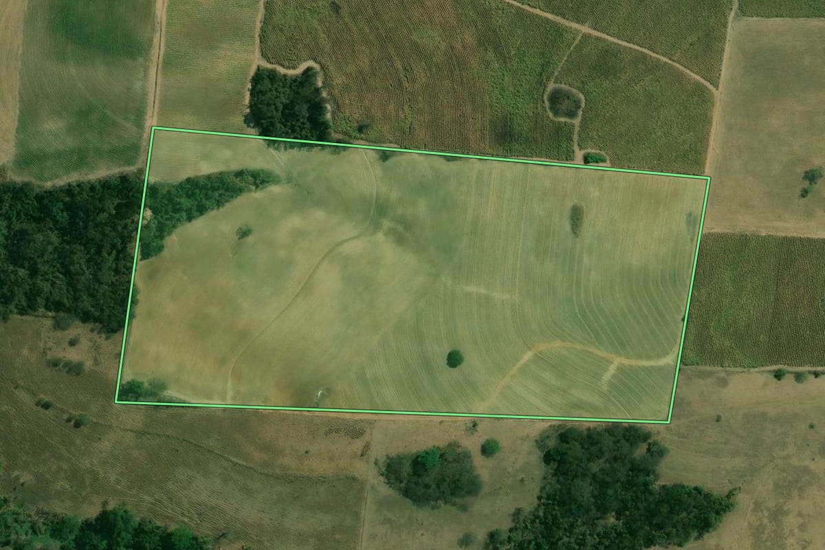 Imagem de satélite do imóvel rural em Saltinho (SP), com o contorno declarado no CAR desenhado por cima.