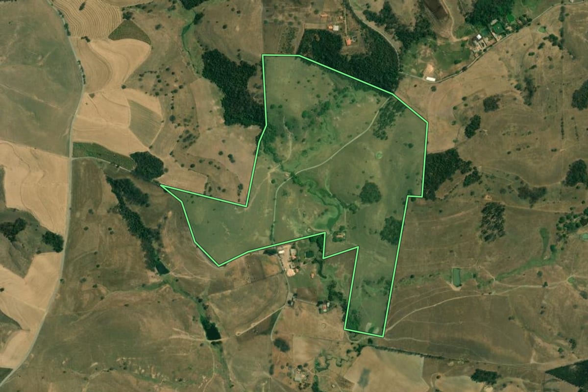 Imagem de satélite do imóvel rural em Saltinho (SP), com o contorno declarado no CAR desenhado por cima.