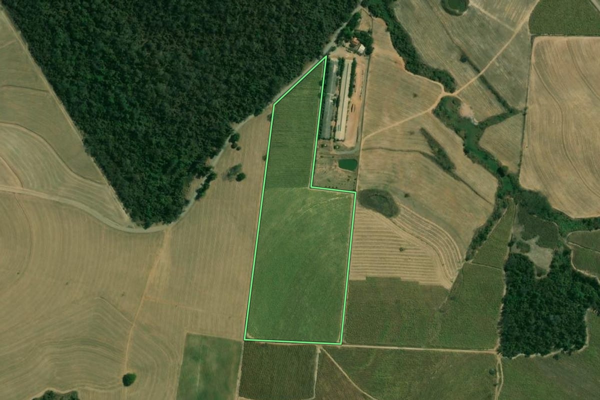 Imagem de satélite do imóvel rural em Saltinho (SP), com o contorno declarado no CAR desenhado por cima.