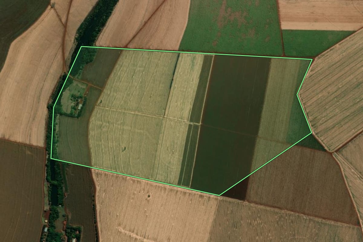Imagem de satélite do imóvel rural em Salto Grande (SP), com o contorno declarado no CAR desenhado por cima.