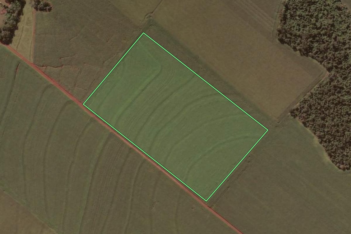 Imagem de satélite do imóvel rural em Salto Grande (SP), com o contorno declarado no CAR desenhado por cima.