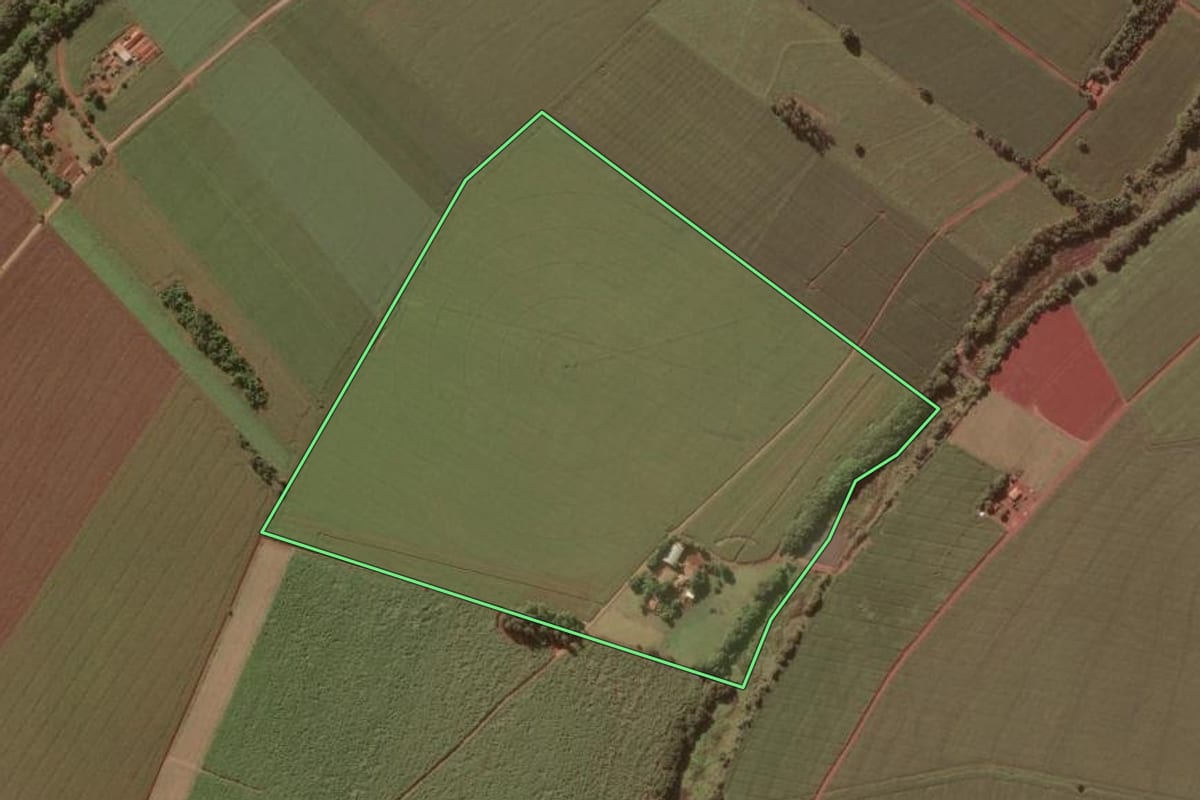 Imagem de satélite do imóvel rural em Salto Grande (SP), com o contorno declarado no CAR desenhado por cima.