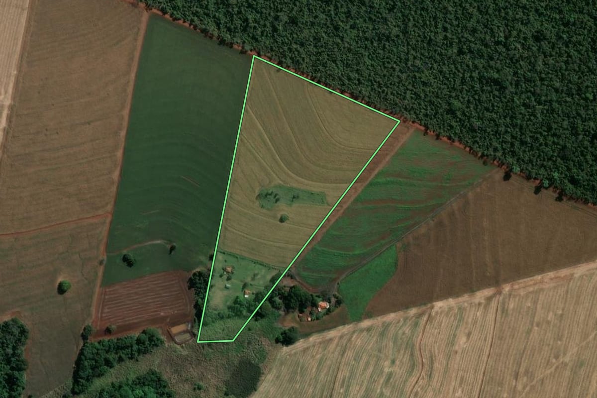 Imagem de satélite do imóvel rural em Salto Grande (SP), com o contorno declarado no CAR desenhado por cima.