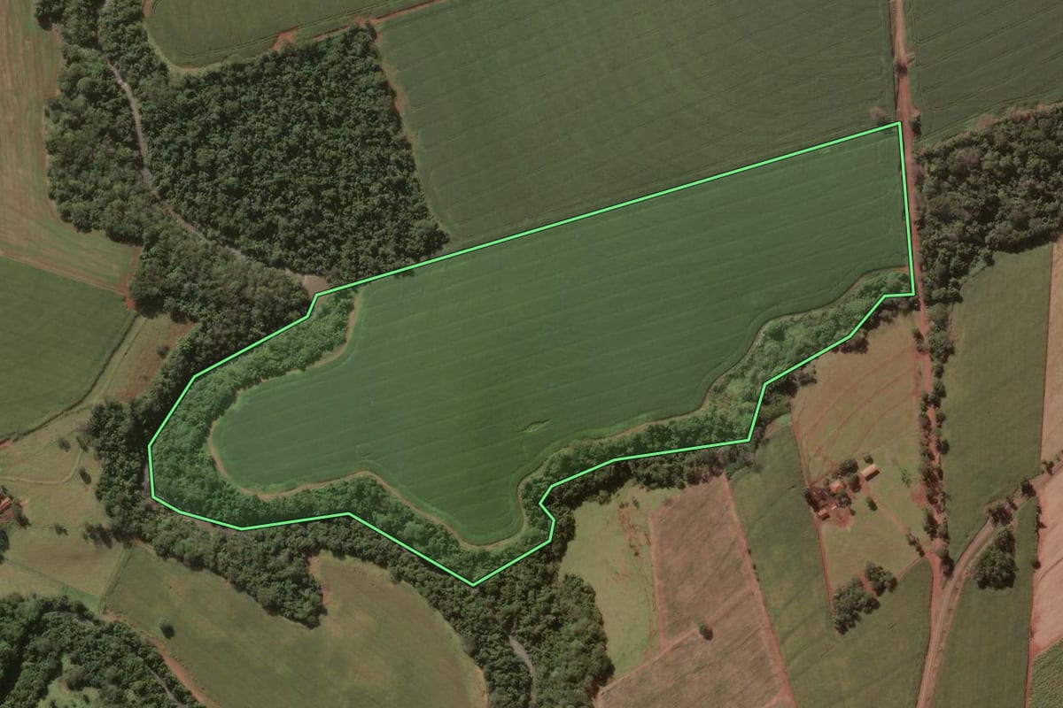 Imagem de satélite do imóvel rural em Salto Grande (SP), com o contorno declarado no CAR desenhado por cima.
