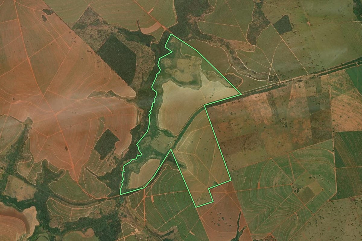 Imagem de satélite do imóvel rural em Sandovalina (SP), com o contorno declarado no CAR desenhado por cima.