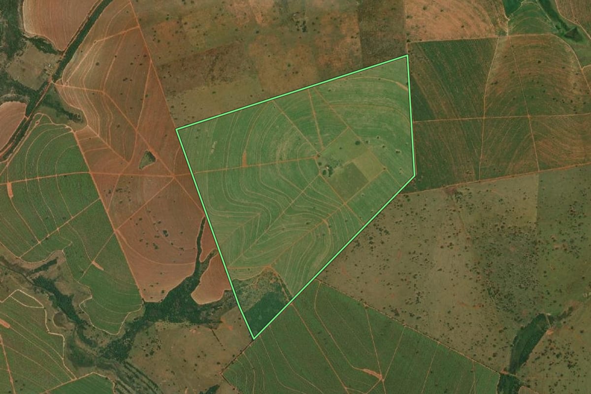 Imagem de satélite do imóvel rural em Sandovalina (SP), com o contorno declarado no CAR desenhado por cima.