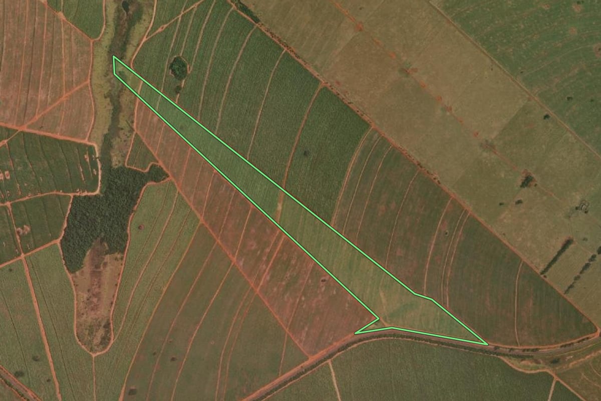 Imagem de satélite do imóvel rural em Sandovalina (SP), com o contorno declarado no CAR desenhado por cima.
