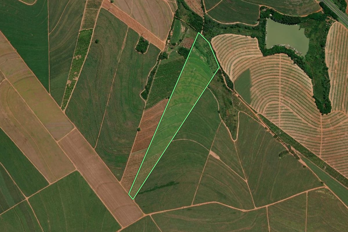 Imagem de satélite do imóvel rural em Santa Adélia (SP), com o contorno declarado no CAR desenhado por cima.