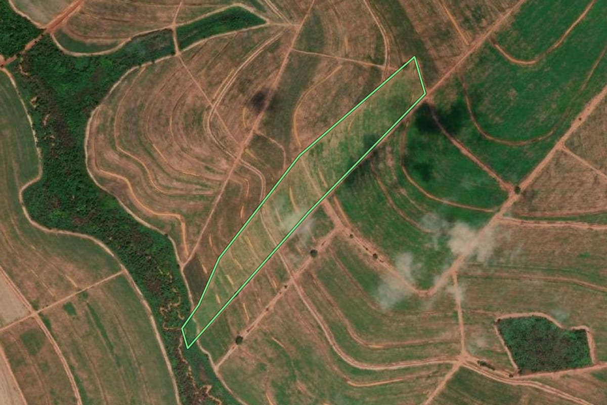 Imagem de satélite do imóvel rural em Santa Adélia (SP), com o contorno declarado no CAR desenhado por cima.