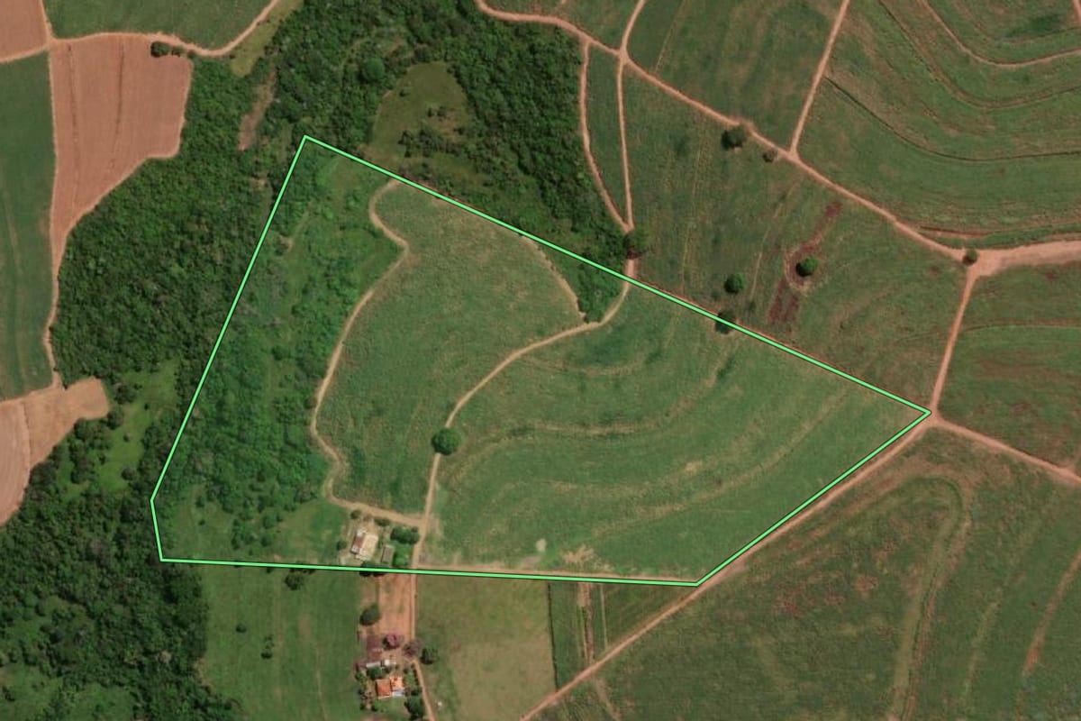 Imagem de satélite do imóvel rural em Santa Adélia (SP), com o contorno declarado no CAR desenhado por cima.