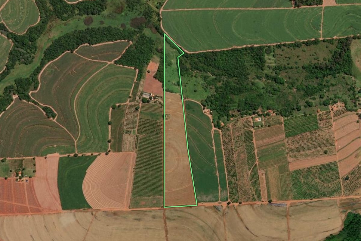 Imagem de satélite do imóvel rural em Santa Adélia (SP), com o contorno declarado no CAR desenhado por cima.