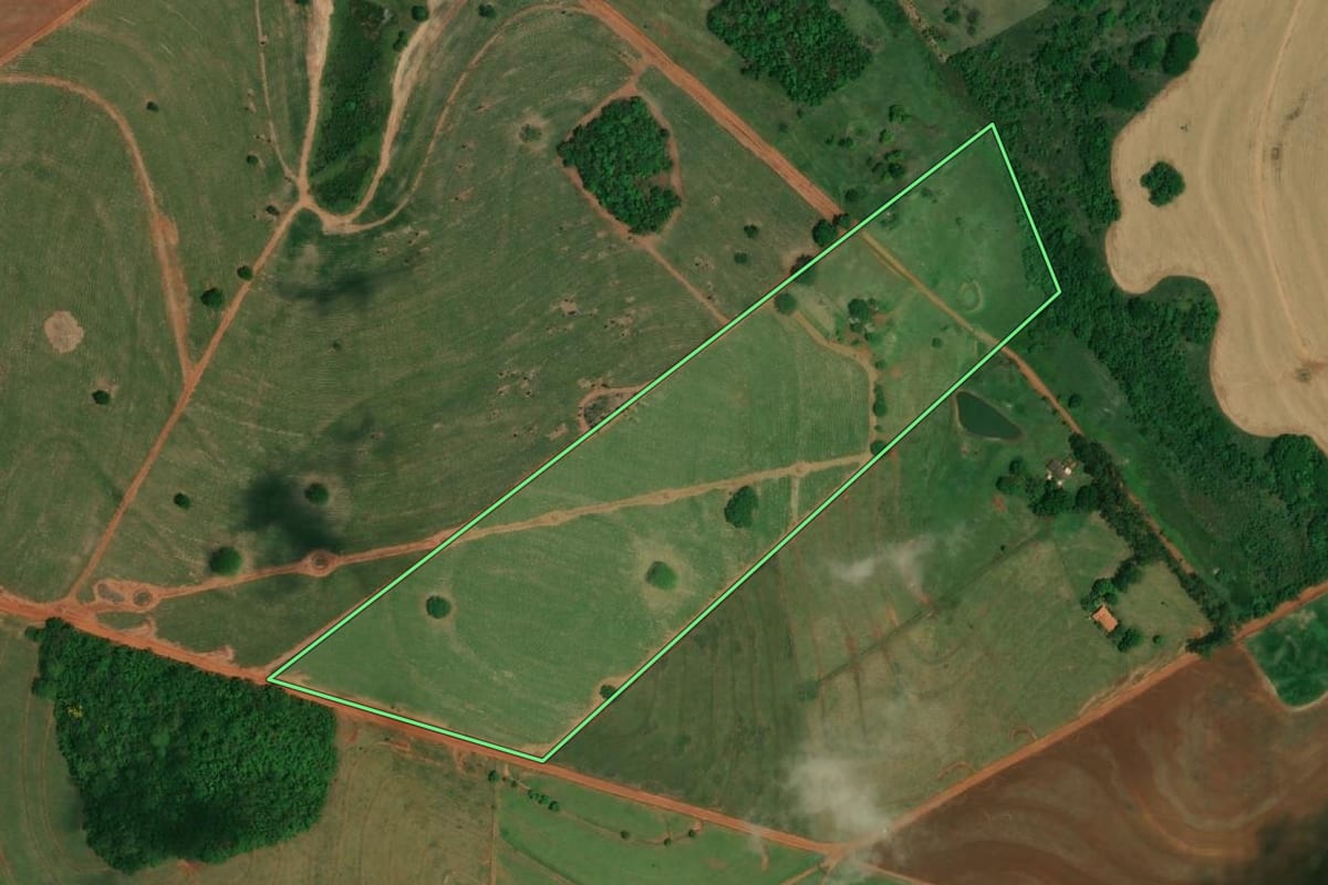 Imagem de satélite do imóvel rural em Santa Albertina (SP), com o contorno declarado no CAR desenhado por cima.