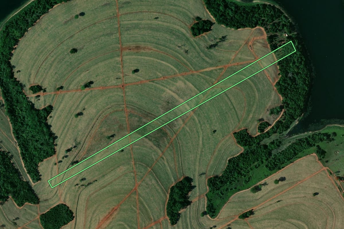 Imagem de satélite do imóvel rural em Santa Albertina (SP), com o contorno declarado no CAR desenhado por cima.