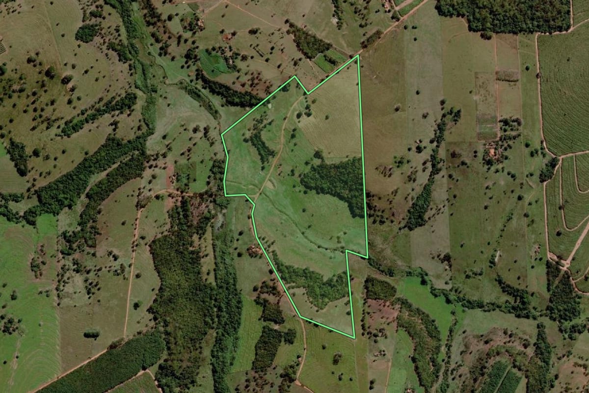 Imagem de satélite do imóvel rural em Santa Albertina (SP), com o contorno declarado no CAR desenhado por cima.
