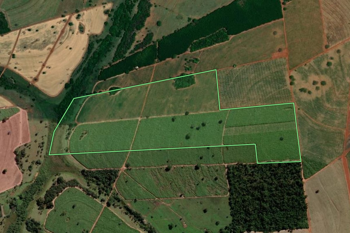 Imagem de satélite do imóvel rural em Santa Albertina (SP), com o contorno declarado no CAR desenhado por cima.