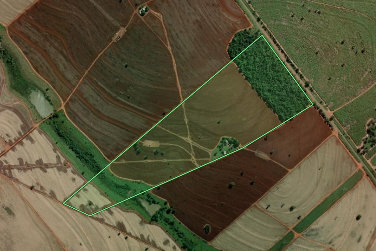 Imagem de satélite do imóvel rural em Santa Albertina (SP), com o contorno declarado no CAR desenhado por cima.