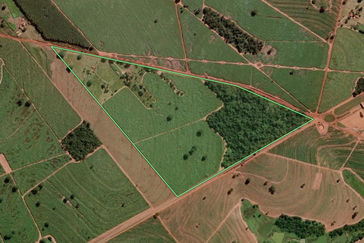 Imagem de satélite do imóvel rural em Santa Albertina (SP), com o contorno declarado no CAR desenhado por cima.