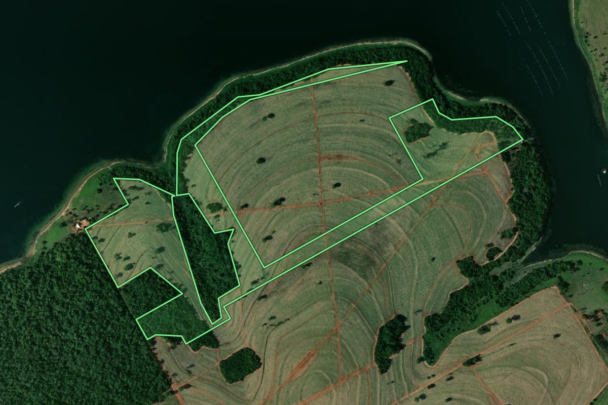 Imagem de satélite do imóvel rural em Santa Albertina (SP), com o contorno declarado no CAR desenhado por cima.
