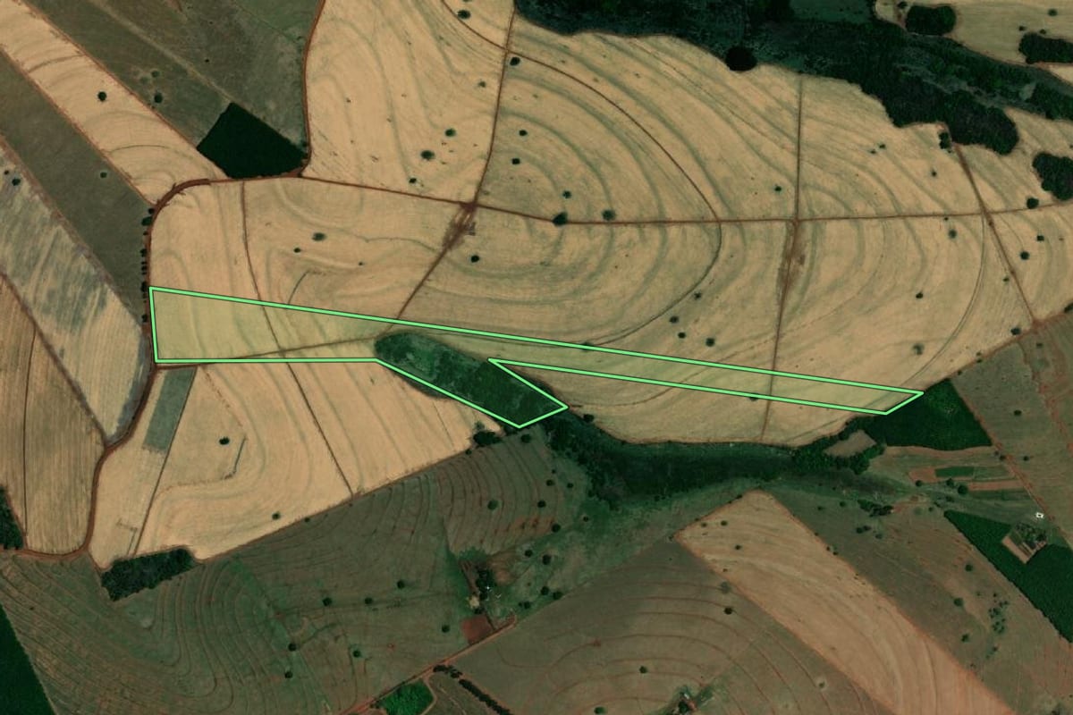 Imagem de satélite do imóvel rural em Santa Albertina (SP), com o contorno declarado no CAR desenhado por cima.