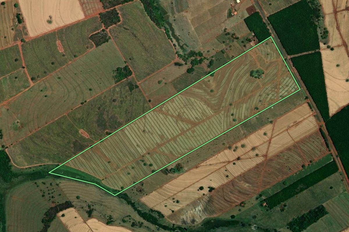Imagem de satélite do imóvel rural em Santa Albertina (SP), com o contorno declarado no CAR desenhado por cima.