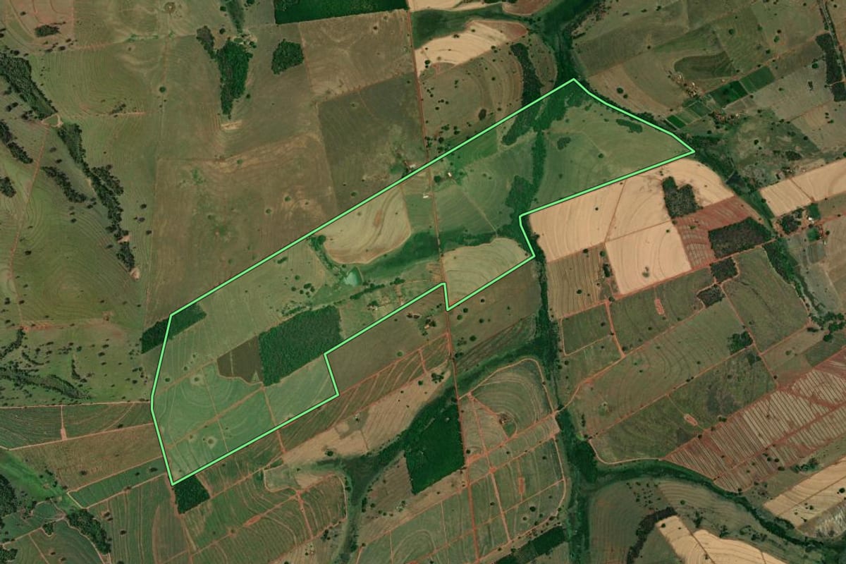 Imagem de satélite do imóvel rural em Santa Albertina (SP), com o contorno declarado no CAR desenhado por cima.