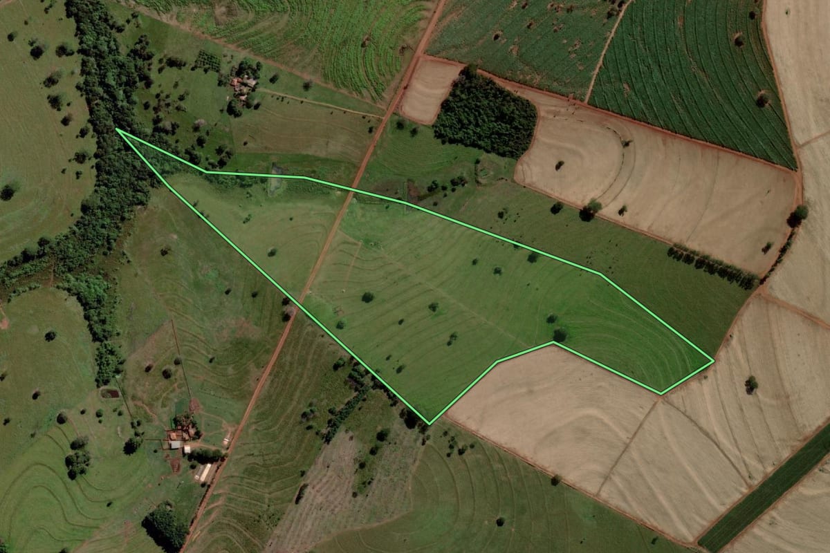 Imagem de satélite do imóvel rural em Santa Albertina (SP), com o contorno declarado no CAR desenhado por cima.