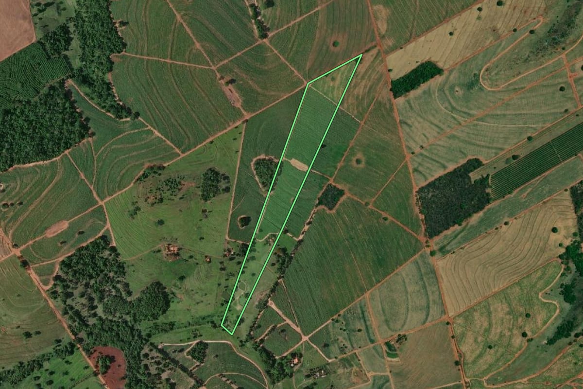 Imagem de satélite do imóvel rural em Santa Albertina (SP), com o contorno declarado no CAR desenhado por cima.