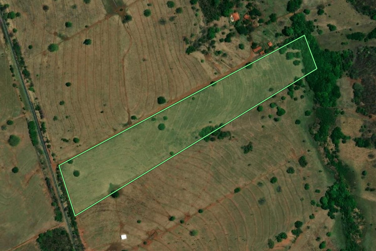Imagem de satélite do imóvel rural em Santa Albertina (SP), com o contorno declarado no CAR desenhado por cima.