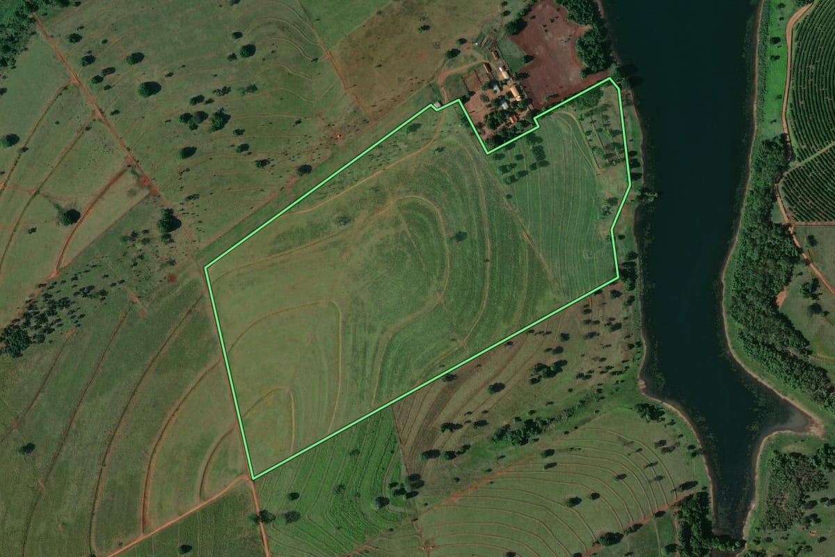 Imagem de satélite do imóvel rural em Santa Albertina (SP), com o contorno declarado no CAR desenhado por cima.
