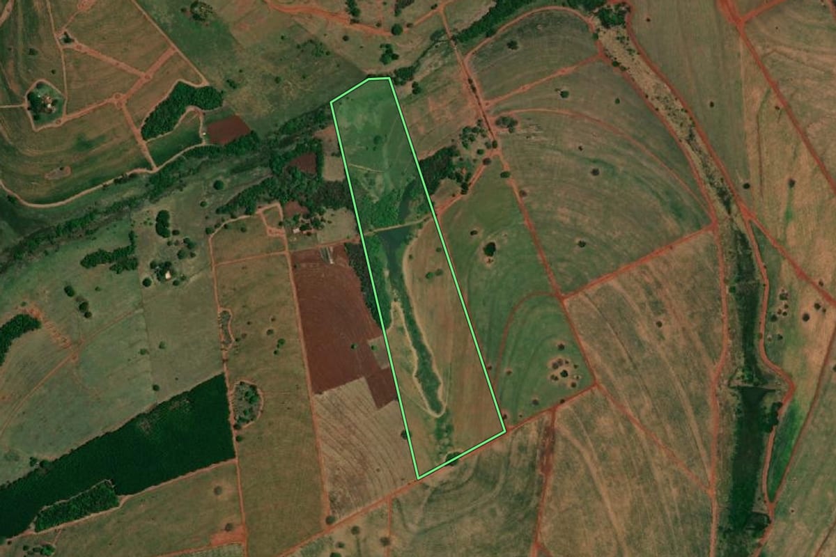 Imagem de satélite do imóvel rural em Santa Albertina (SP), com o contorno declarado no CAR desenhado por cima.