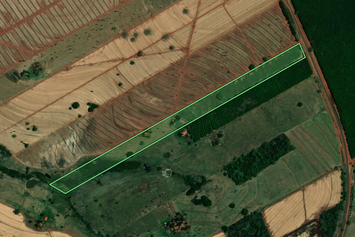 Imagem de satélite do imóvel rural em Santa Albertina (SP), com o contorno declarado no CAR desenhado por cima.