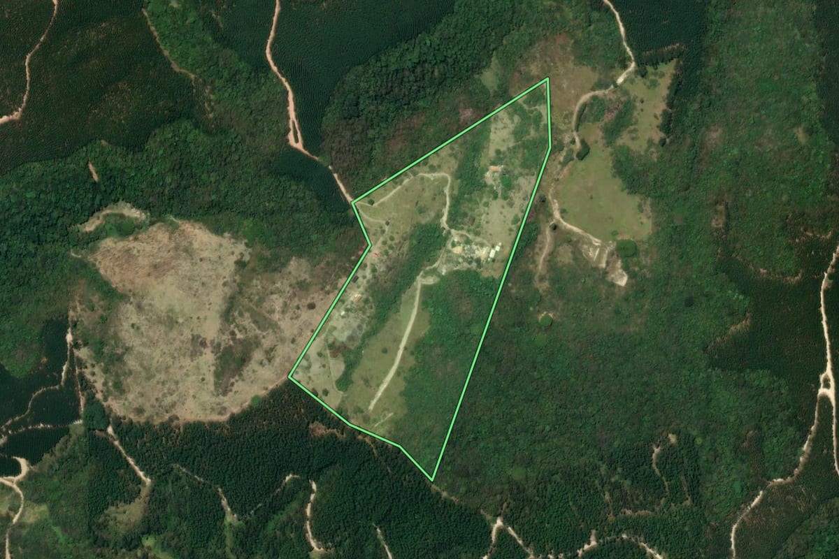 Imagem de satélite do imóvel rural em Santa Branca (SP), com o contorno declarado no CAR desenhado por cima.