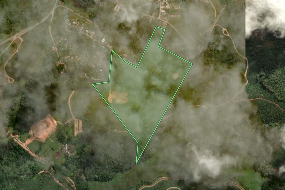 Imagem de satélite do imóvel rural em Santa Branca (SP), com o contorno declarado no CAR desenhado por cima.