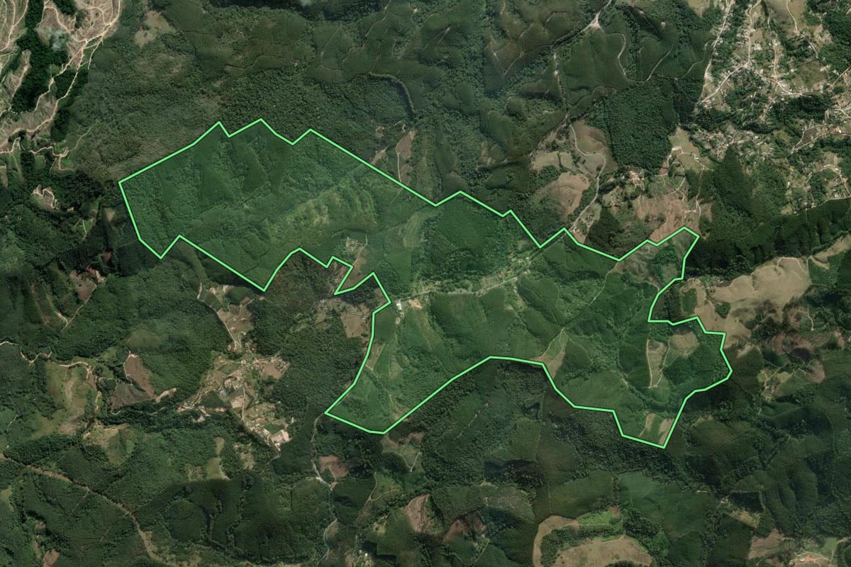 Imagem de satélite do imóvel rural em Santa Branca (SP), com o contorno declarado no CAR desenhado por cima.