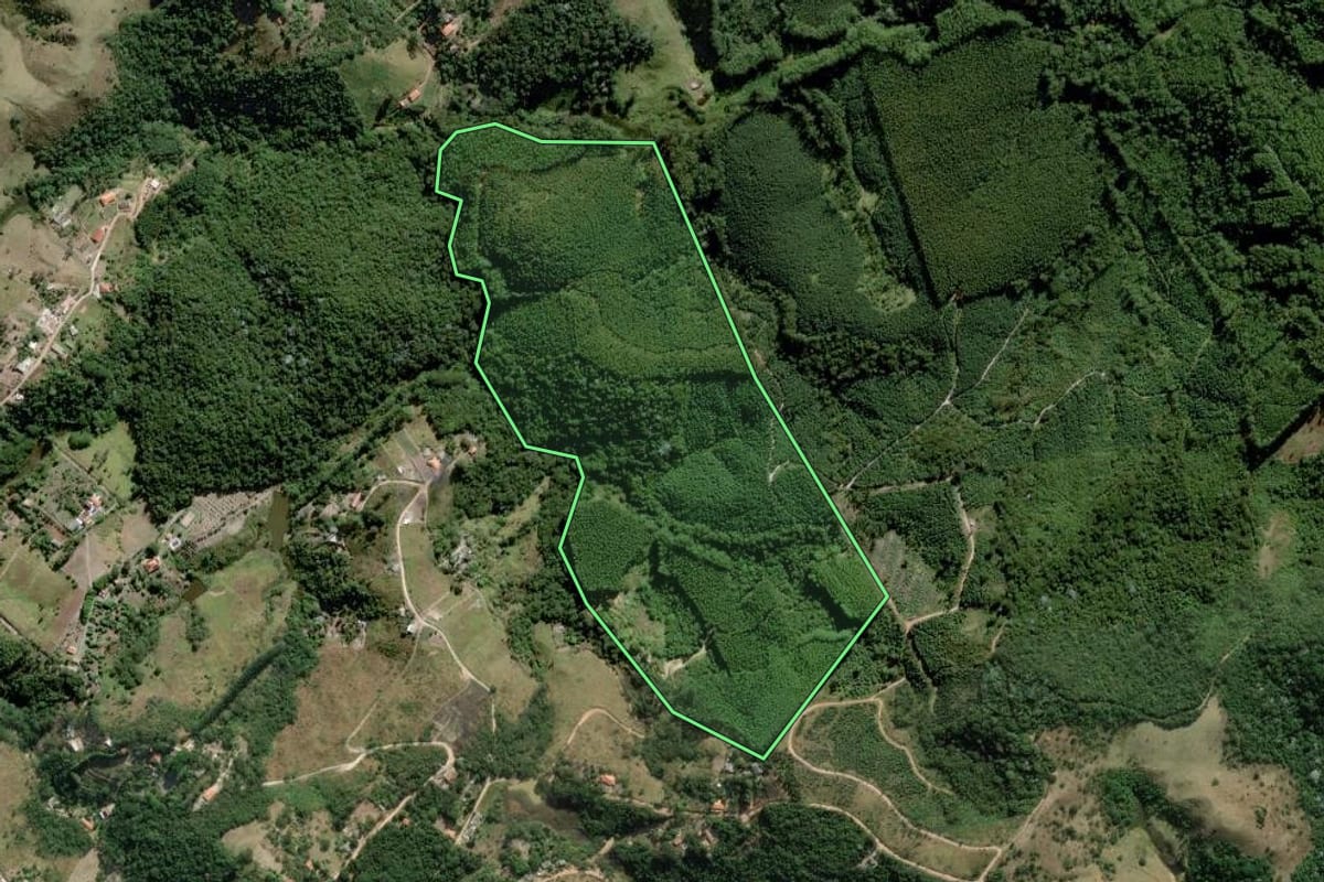 Imagem de satélite do imóvel rural em Santa Branca (SP), com o contorno declarado no CAR desenhado por cima.