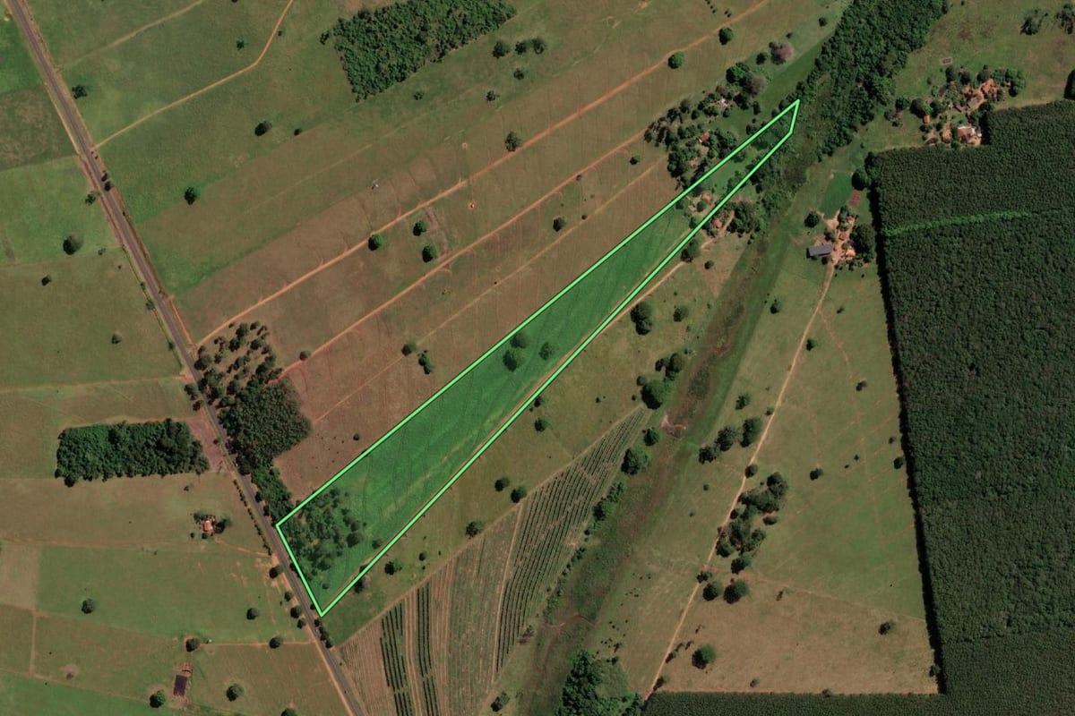 Imagem de satélite do imóvel rural em Santa Clara d'Oeste (SP), com o contorno declarado no CAR desenhado por cima.