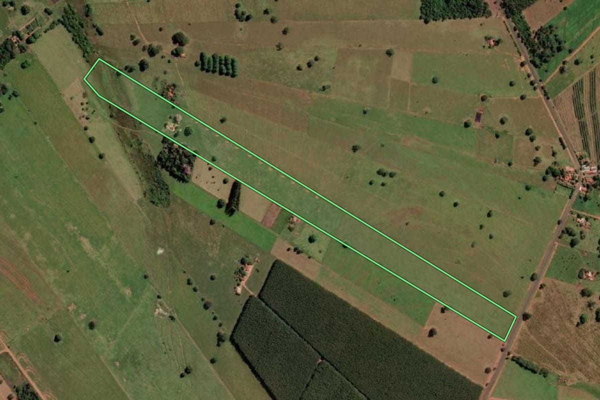 Imagem de satélite do imóvel rural em Santa Clara d'Oeste (SP), com o contorno declarado no CAR desenhado por cima.