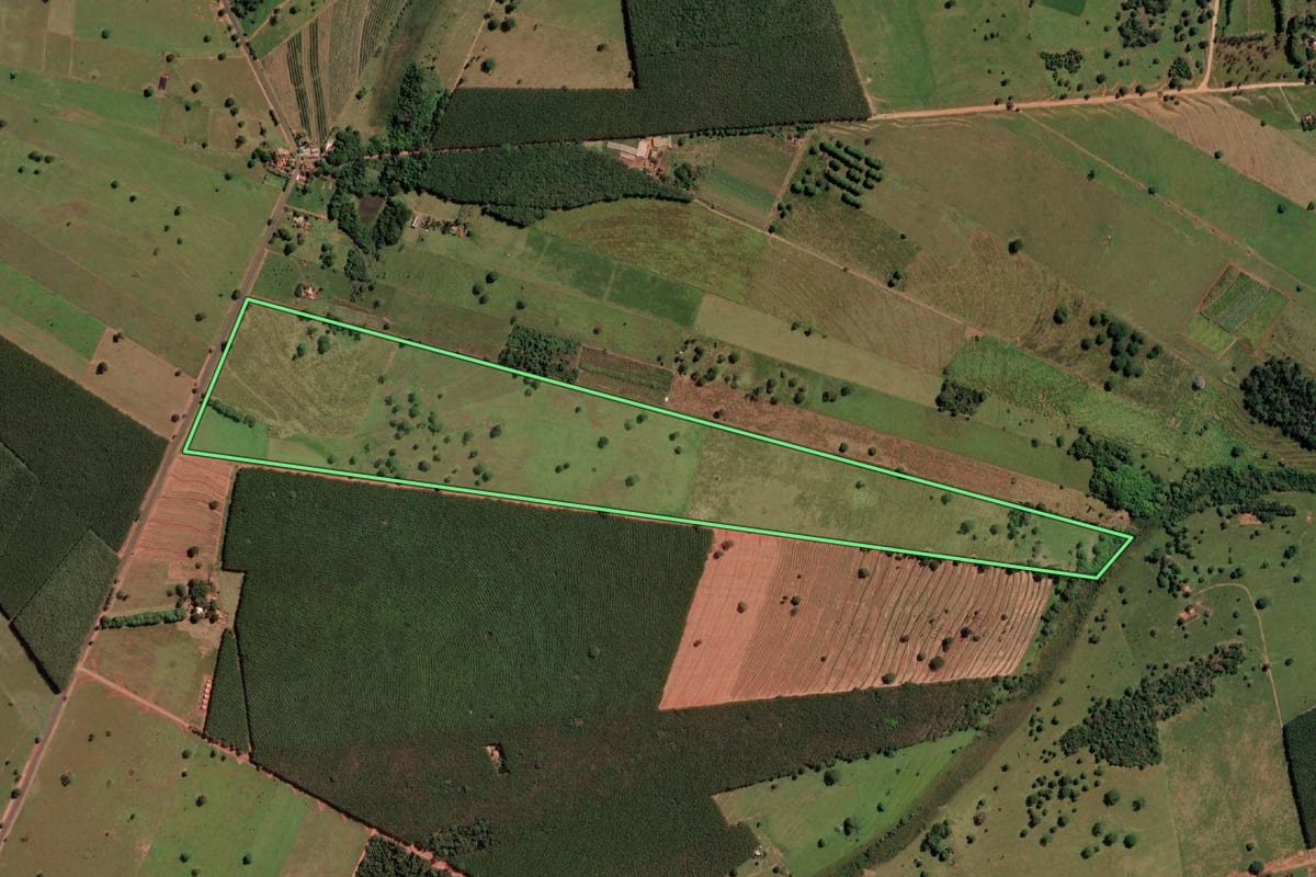 Imagem de satélite do imóvel rural em Santa Clara d'Oeste (SP), com o contorno declarado no CAR desenhado por cima.