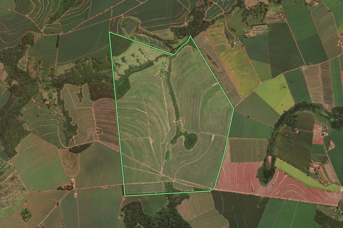Imagem de satélite do imóvel rural em Santa Cruz da Conceição (SP), com o contorno declarado no CAR desenhado por cima.