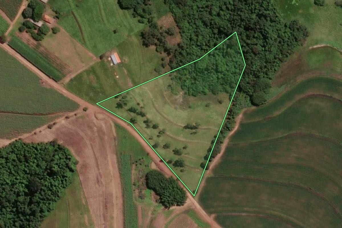 Imagem de satélite do imóvel rural em Santa Cruz da Conceição (SP), com o contorno declarado no CAR desenhado por cima.