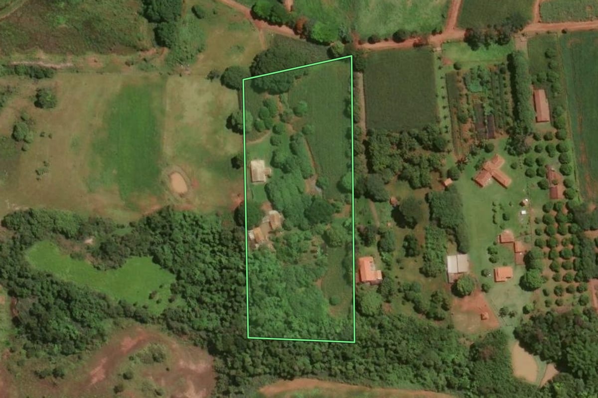Imagem de satélite do imóvel rural em Santa Cruz da Conceição (SP), com o contorno declarado no CAR desenhado por cima.