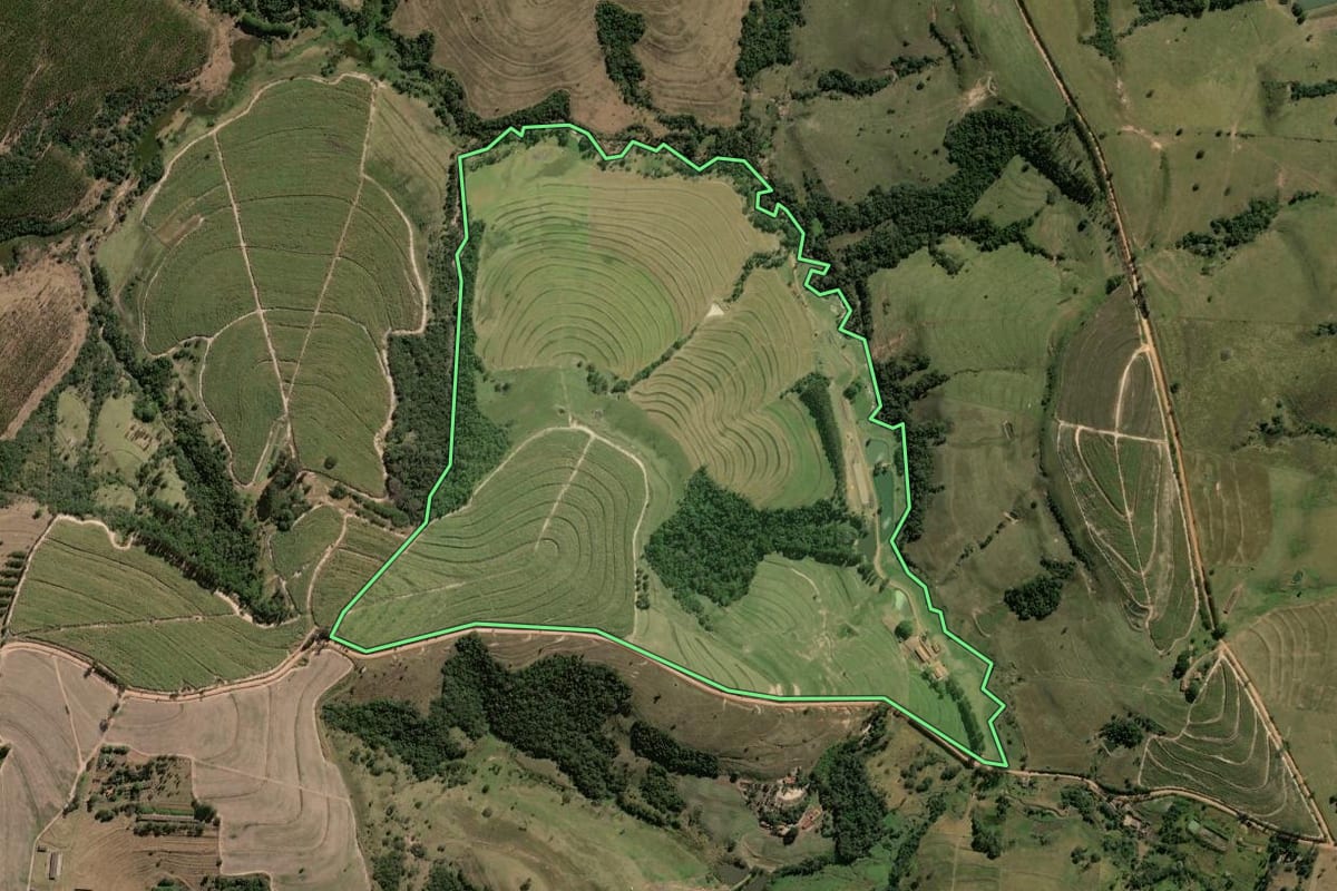 Imagem de satélite do imóvel rural em Santa Cruz da Conceição (SP), com o contorno declarado no CAR desenhado por cima.