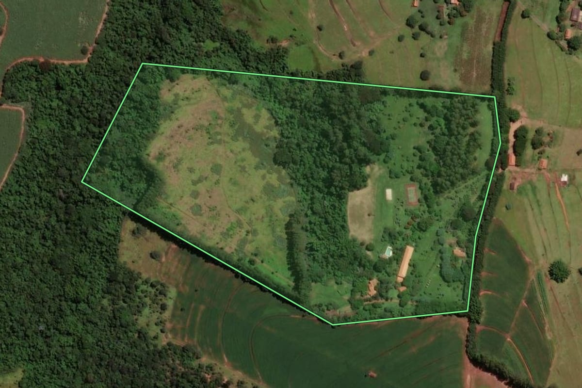 Imagem de satélite do imóvel rural em Santa Cruz da Conceição (SP), com o contorno declarado no CAR desenhado por cima.