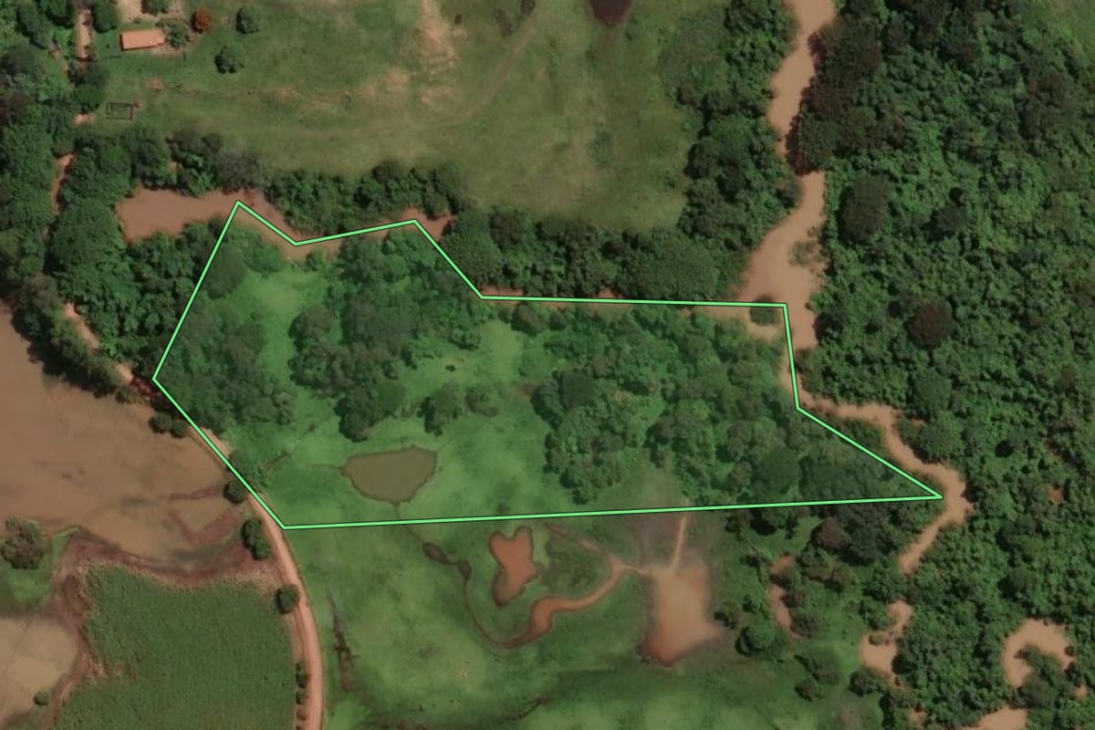 Imagem de satélite do imóvel rural em Santa Cruz da Conceição (SP), com o contorno declarado no CAR desenhado por cima.
