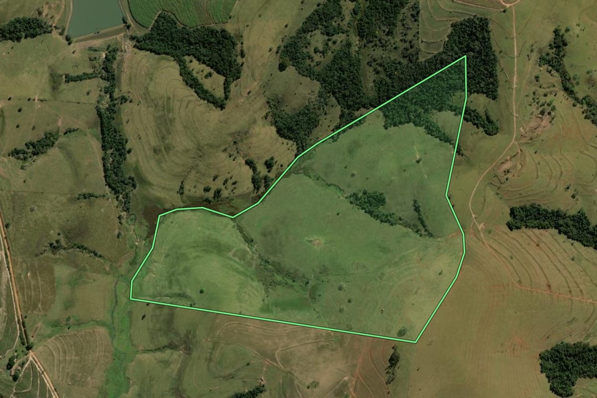 Imagem de satélite do imóvel rural em Santa Cruz da Conceição (SP), com o contorno declarado no CAR desenhado por cima.