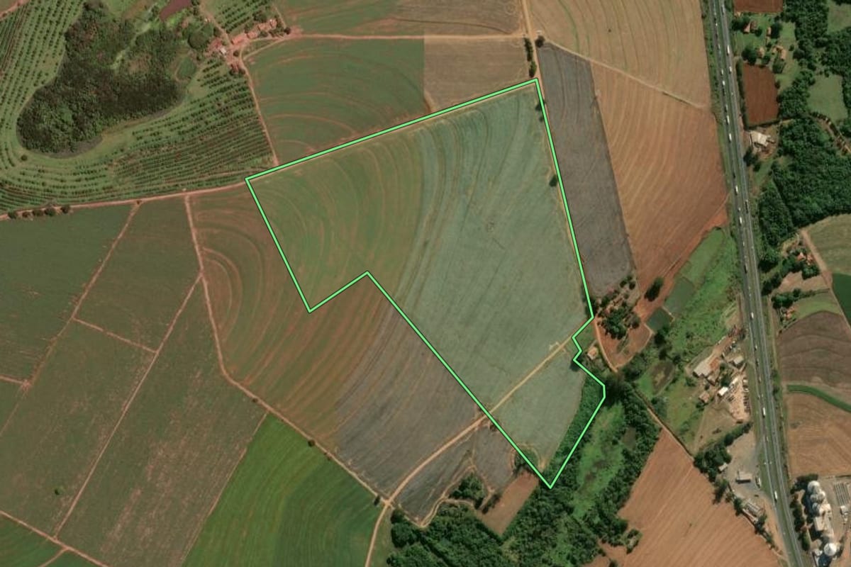 Imagem de satélite do imóvel rural em Santa Cruz da Conceição (SP), com o contorno declarado no CAR desenhado por cima.